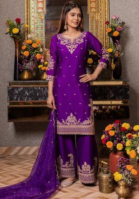 Purple Embroidered Silk Blend Kurta Sets