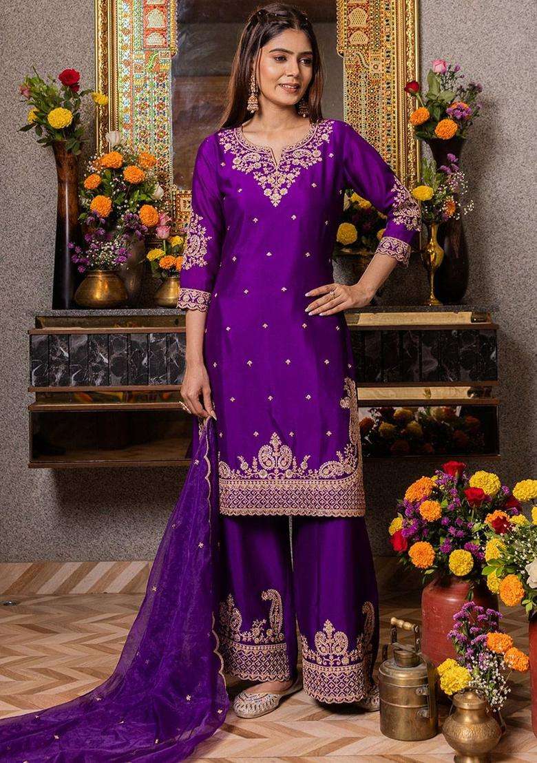 Purple Embroidered Silk Blend Kurta Sets - Indya
