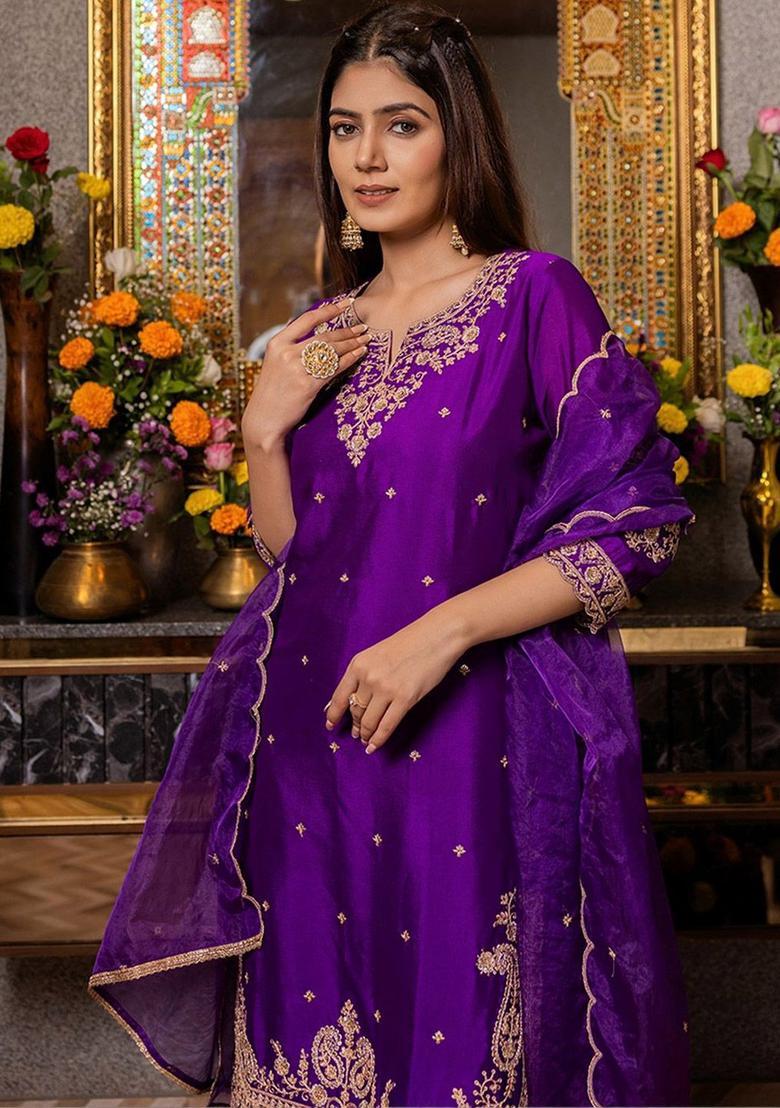 Purple Embroidered Silk Blend Kurta Sets - Indya
