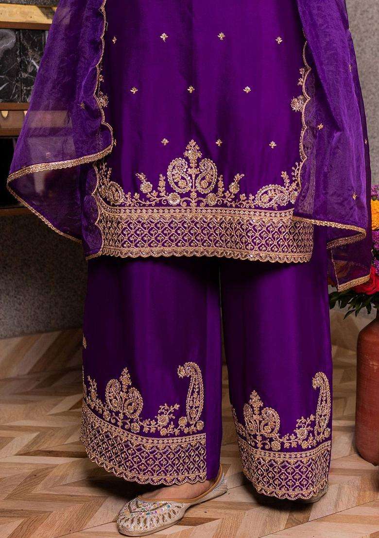 Purple Embroidered Silk Blend Kurta Sets - Indya