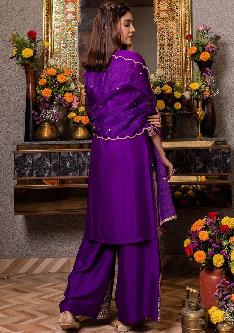 Purple Embroidered Silk Blend Kurta Sets - Indya