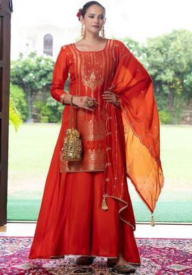 Orange Embroidered Silk Blend Kurta Sets