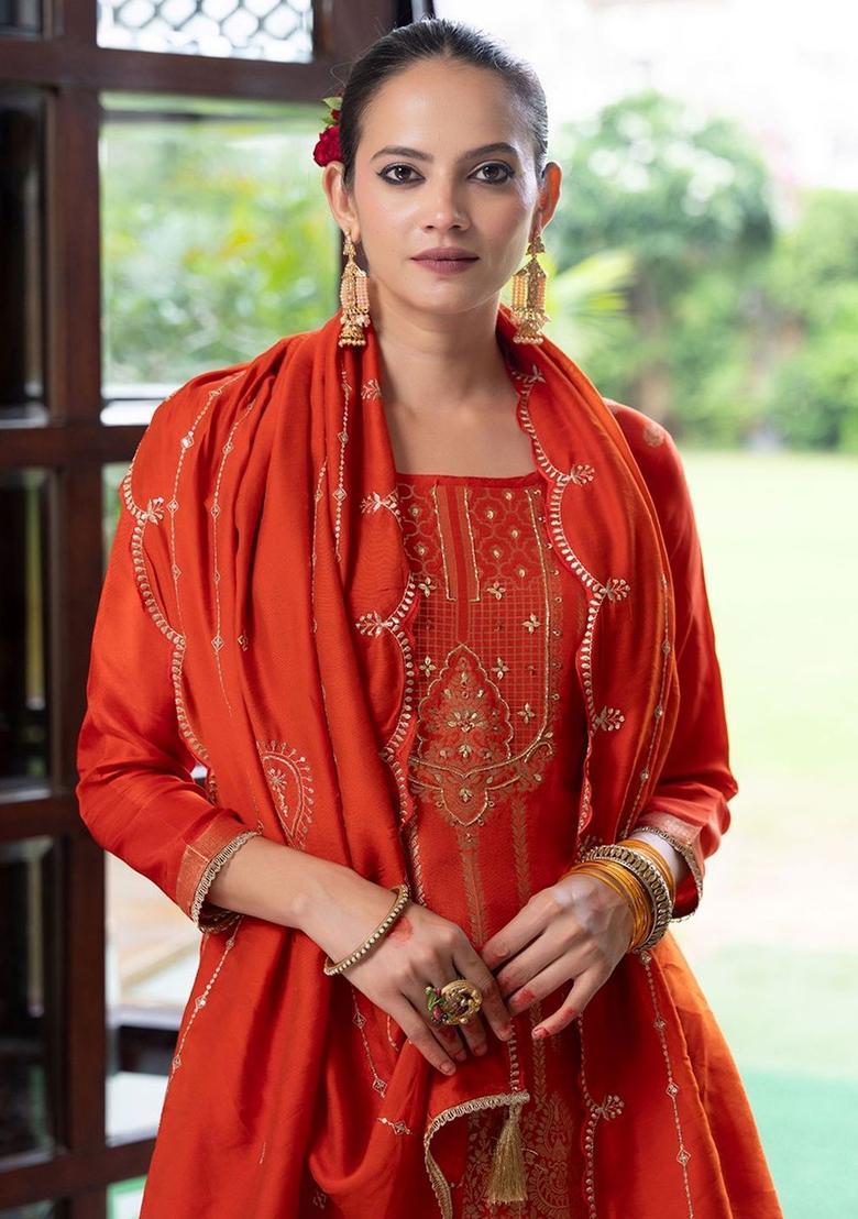 Orange Embroidered Silk Blend Kurta Sets - Indya