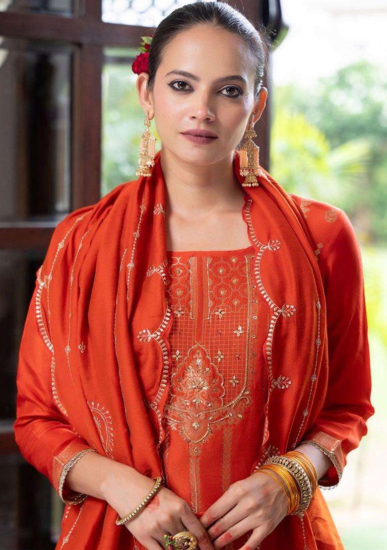 Orange Embroidered Silk Blend Kurta Sets - Indya