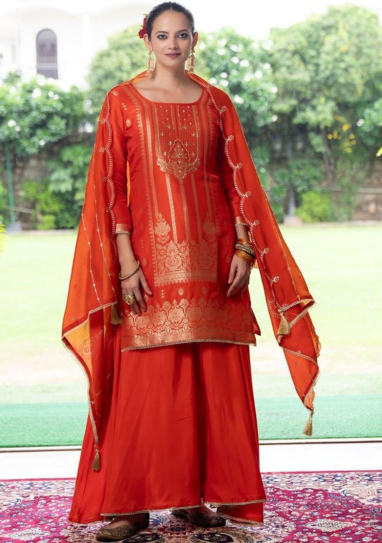 Orange Embroidered Silk Blend Kurta Sets - Indya