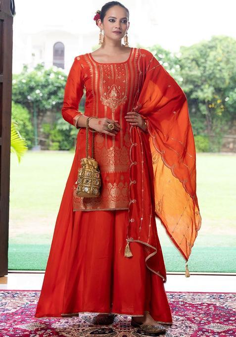 Orange Embroidered Silk Blend Kurta Sets