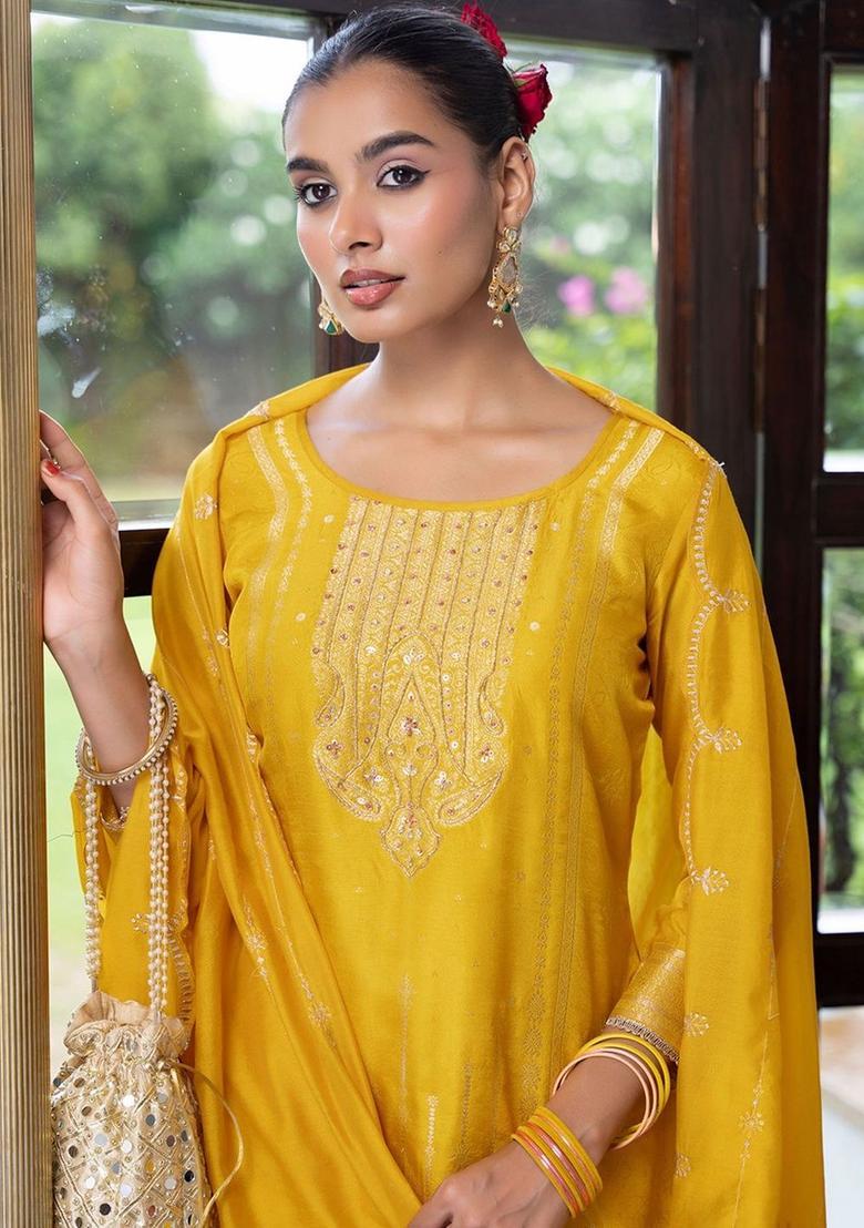 Yellow Embroidered Silk Blend Kurta Sets - Indya