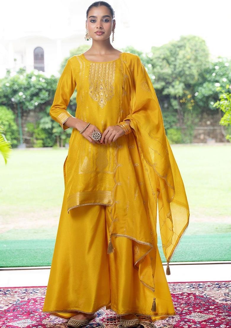 Yellow Embroidered Silk Blend Kurta Sets - Indya