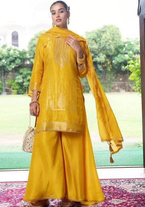 Yellow Embroidered Silk Blend Kurta Sets