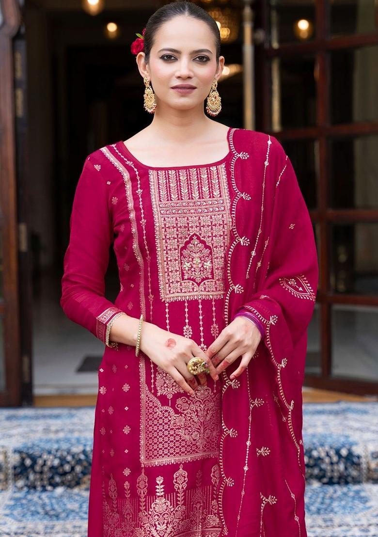 Pink Embroidered Silk Blend Kurta Sets - Indya