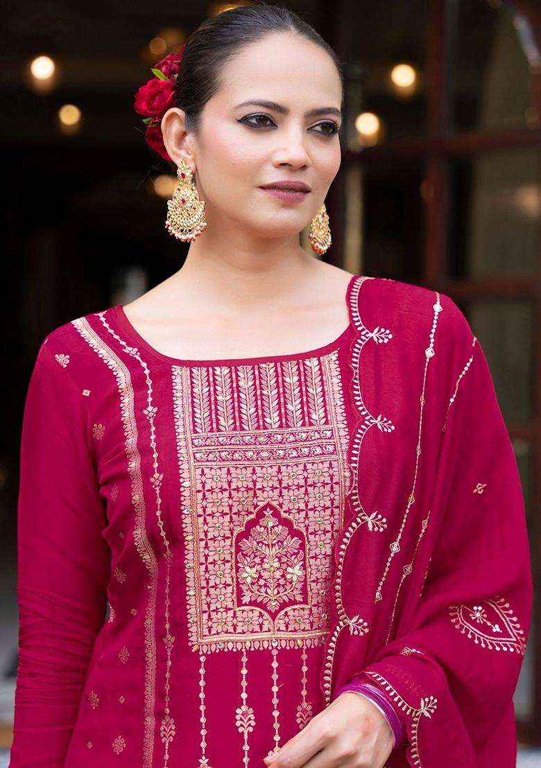Pink Embroidered Silk Blend Kurta Sets - Indya
