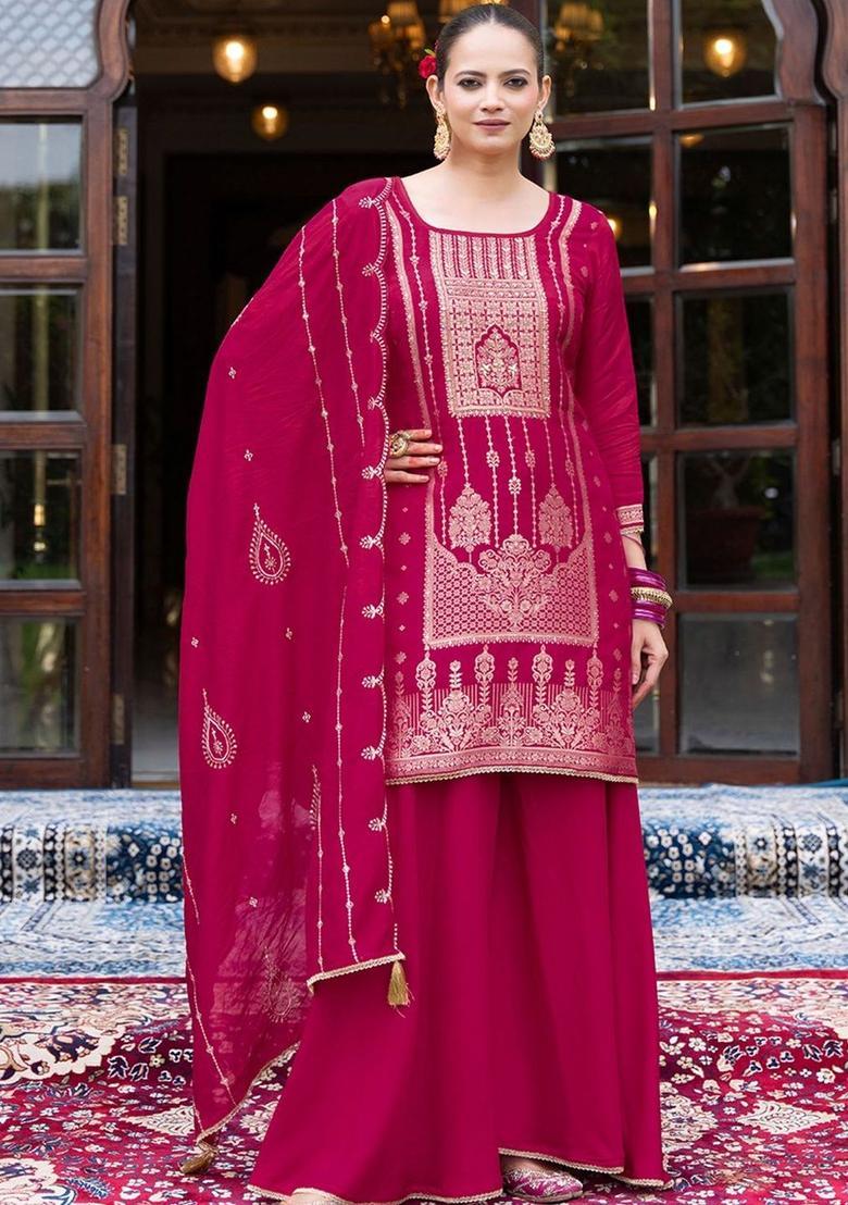 Pink Embroidered Silk Blend Kurta Sets - Indya