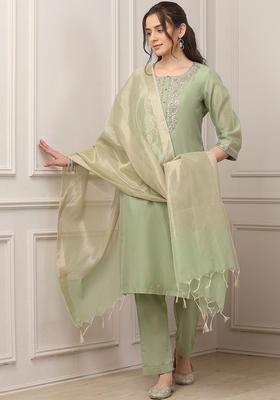 Lime Green Embroidered Polyester Kurta Sets
