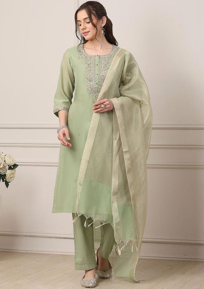 Lime Green Embroidered Polyester Kurta Sets - Indya