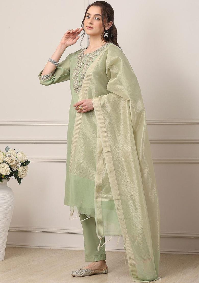 Lime Green Embroidered Polyester Kurta Sets - Indya