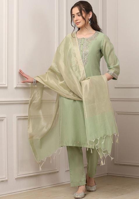 Lime Green Embroidered Polyester Kurta Sets
