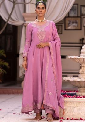 Peach Embroidered Chinon Anarkli Sets