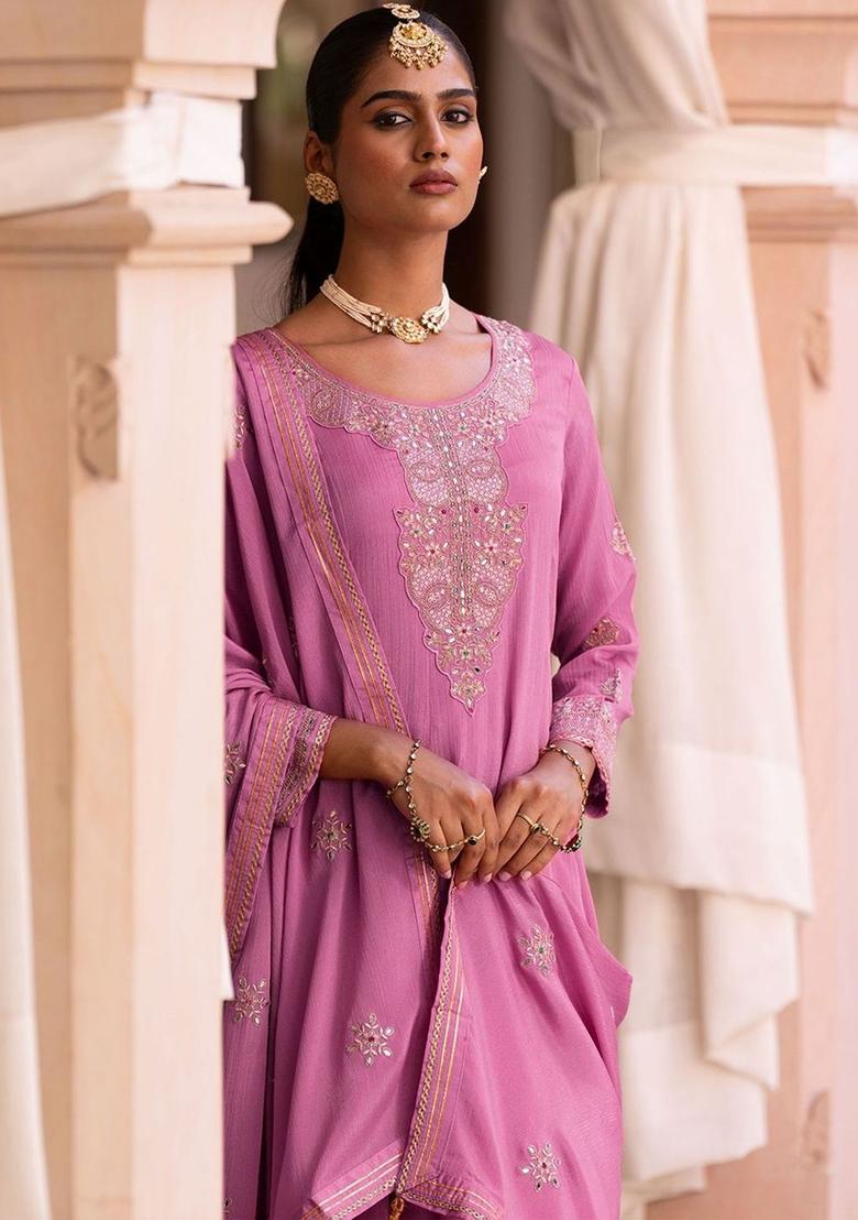 Peach Embroidered Chinon Anarkli Sets - Indya