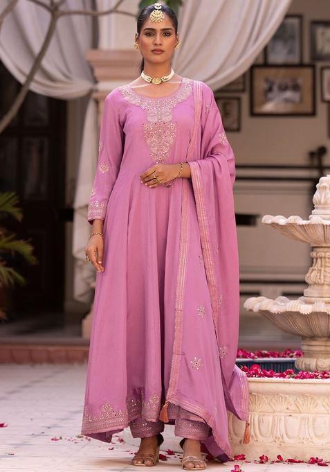 Peach Embroidered Chinon Anarkli Sets