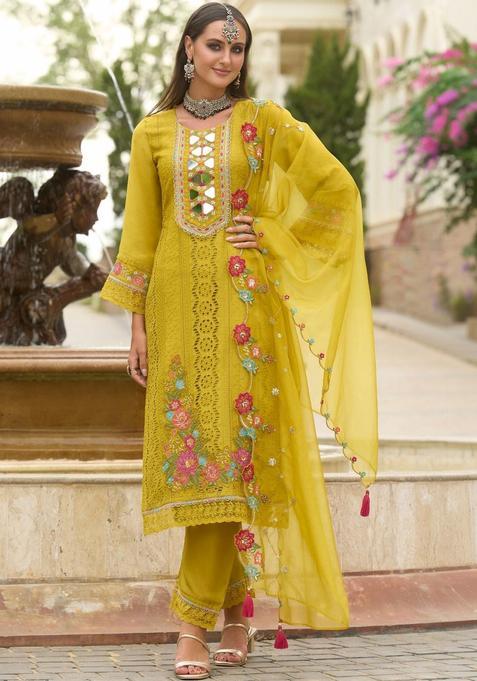Yellow Embroidered Chinon Kurta Sets