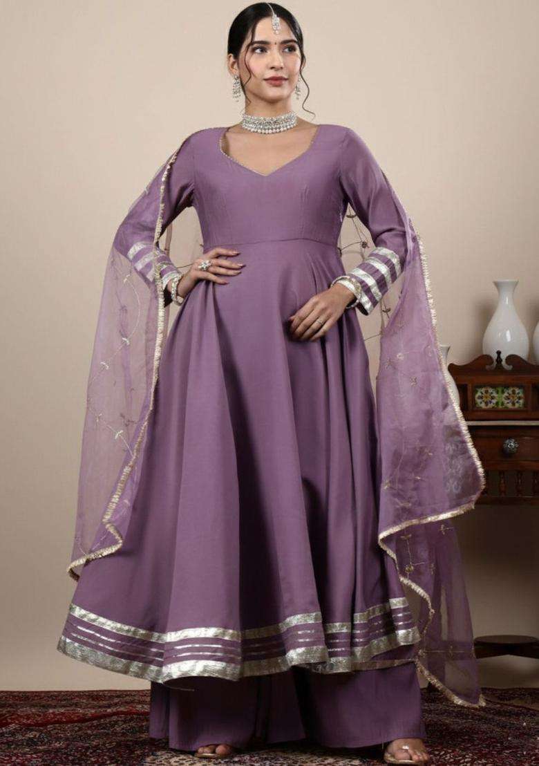Purple Solid Silk Blend Anarkli Sets - Indya