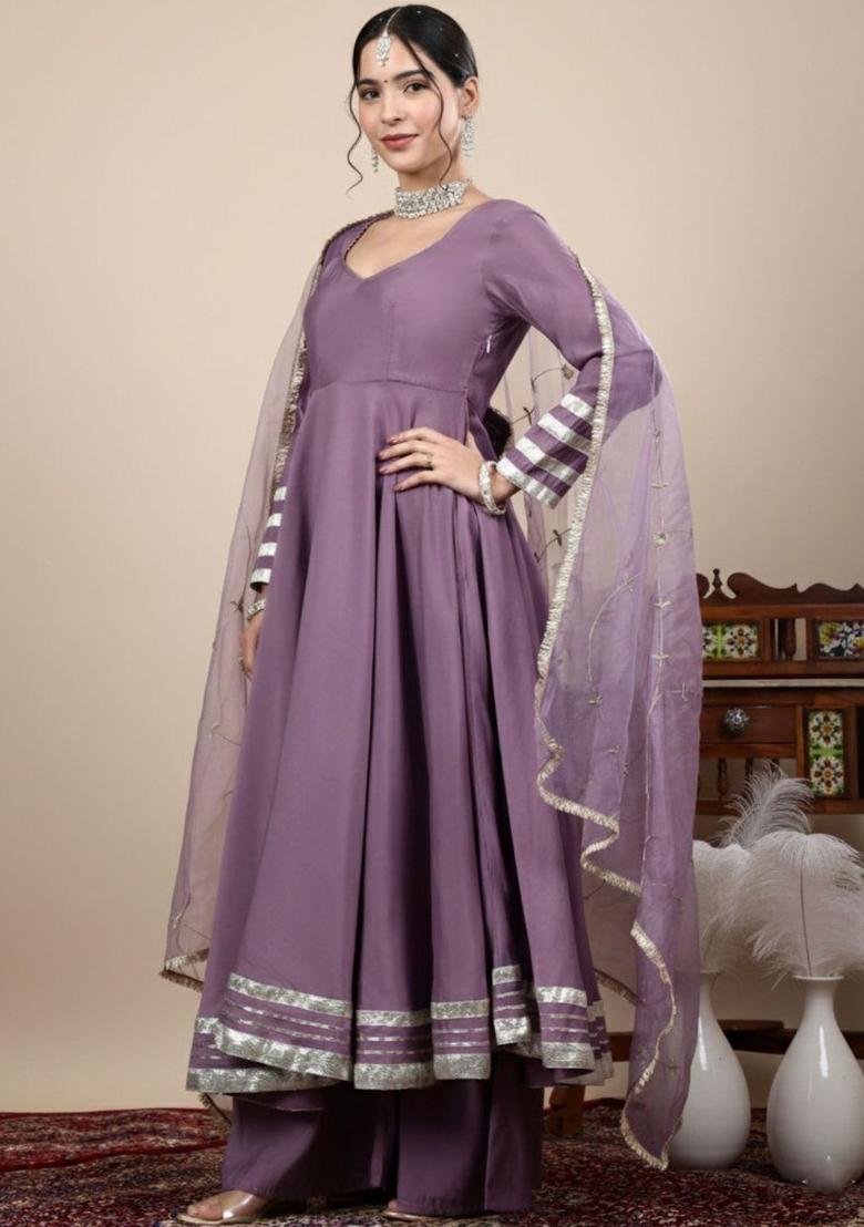 Purple Solid Silk Blend Anarkli Sets - Indya