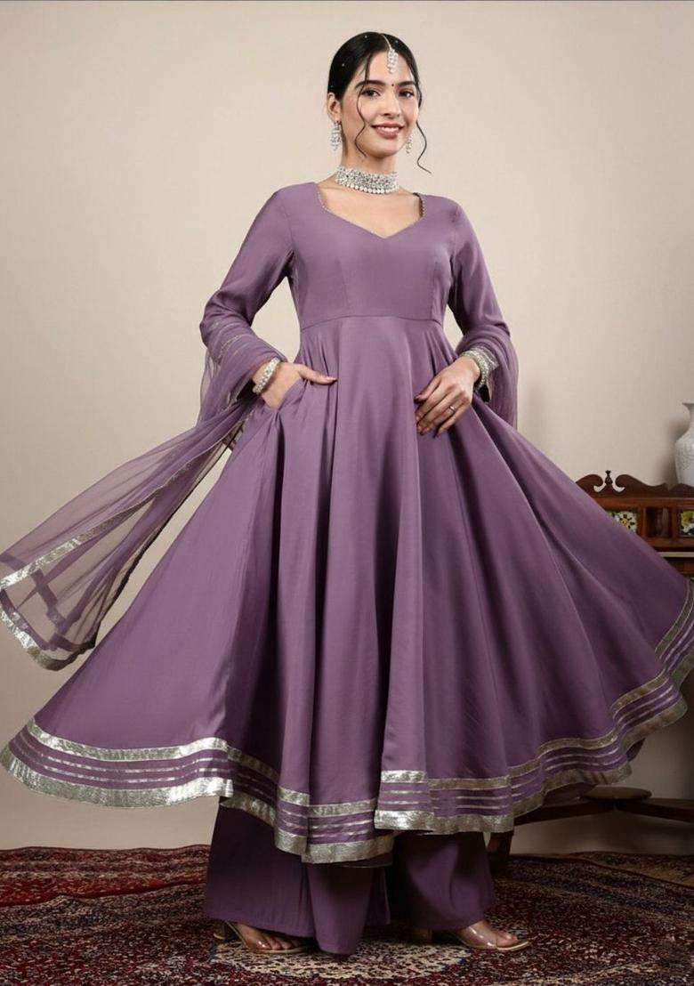 Purple Solid Silk Blend Anarkli Sets - Indya