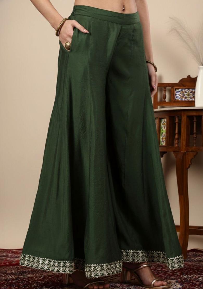 Green Solid Silk Blend Kurta Sets - Indya