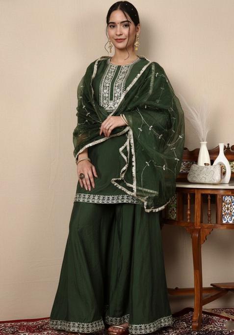 Green Solid Silk Kurta Sets