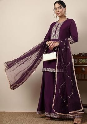 Purple Solid Silk Blend Kurta Sets