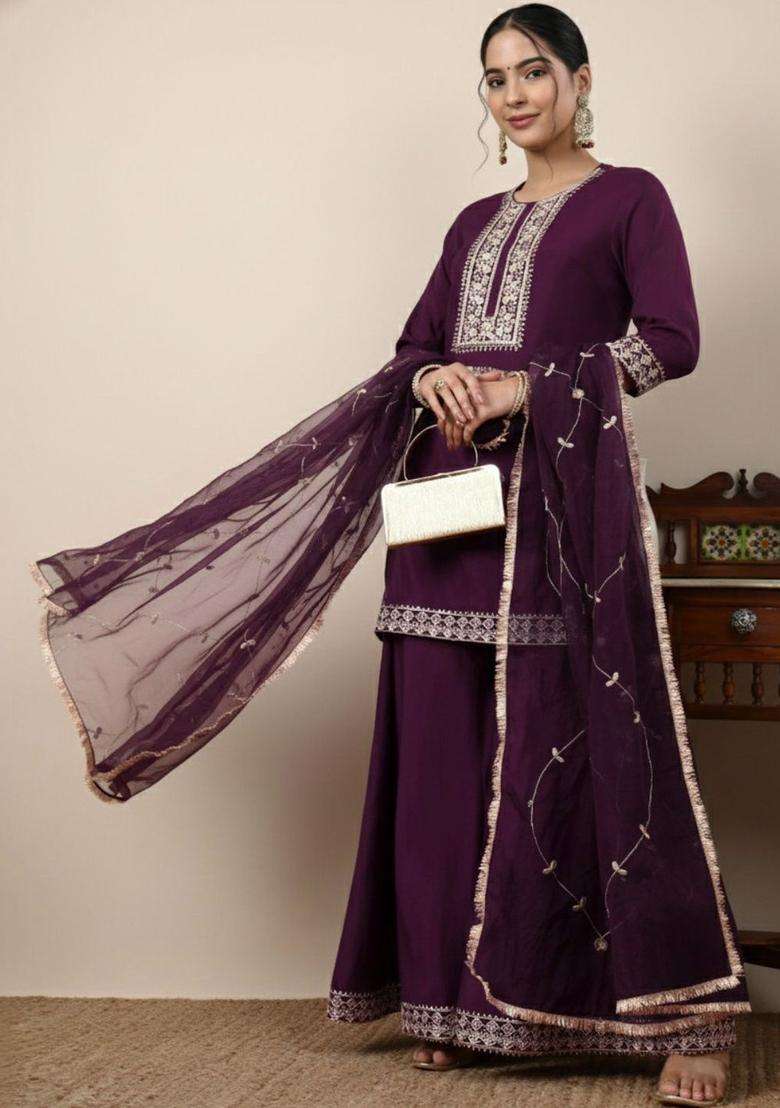 Purple Solid Silk Blend Kurta Sets - Indya