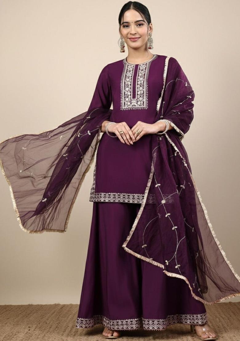 Purple Solid Silk Blend Kurta Sets - Indya