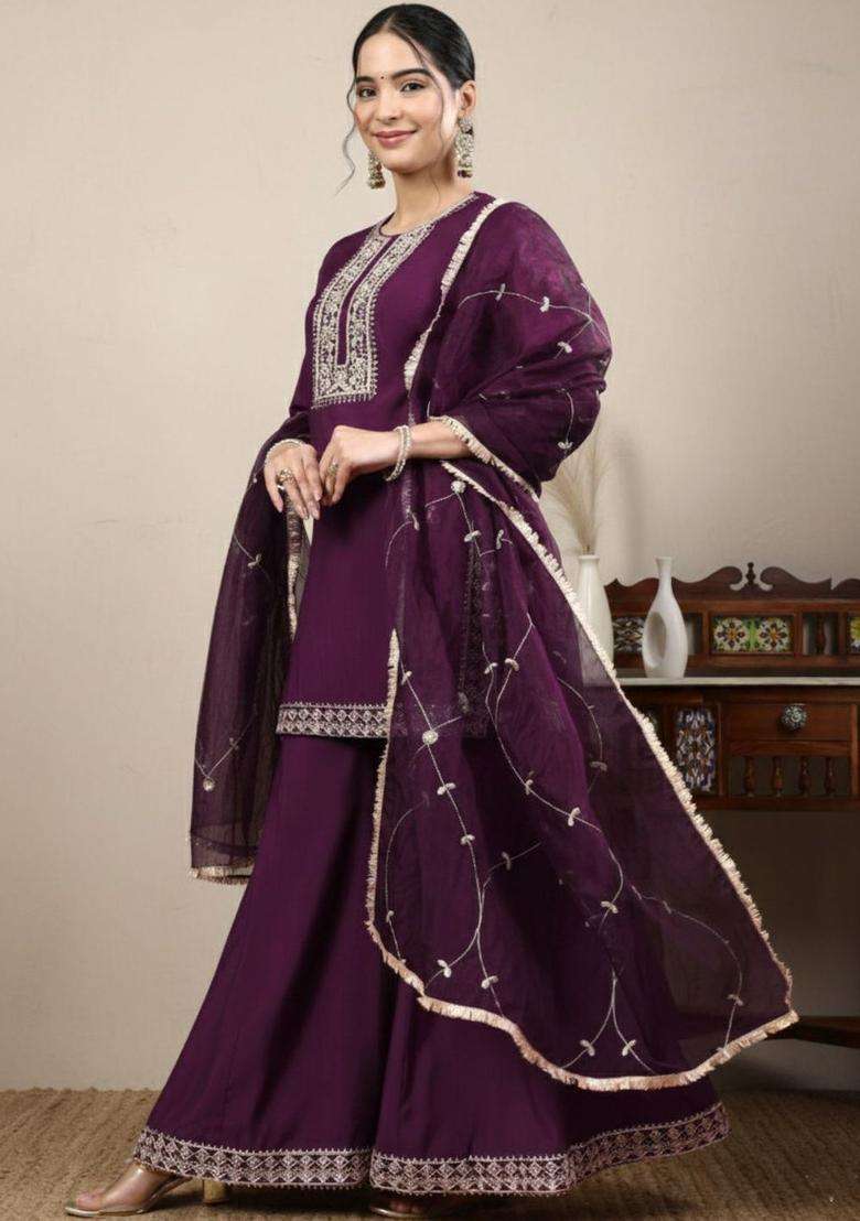 Purple Solid Silk Blend Kurta Sets - Indya