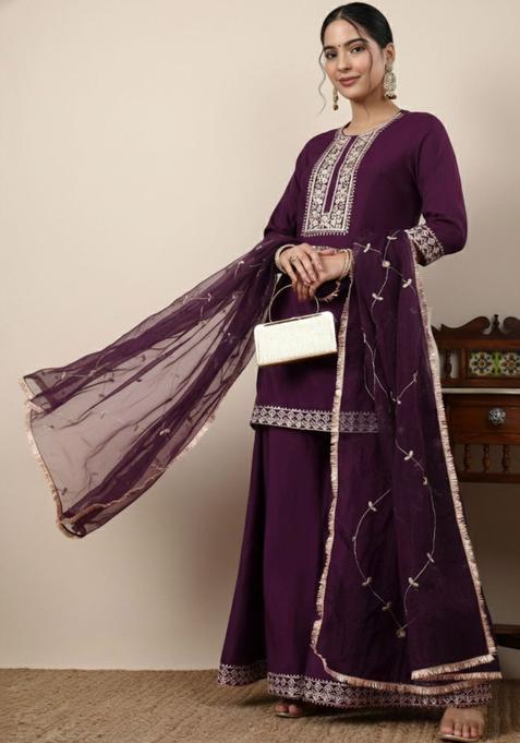Purple Solid Silk Kurta Sets