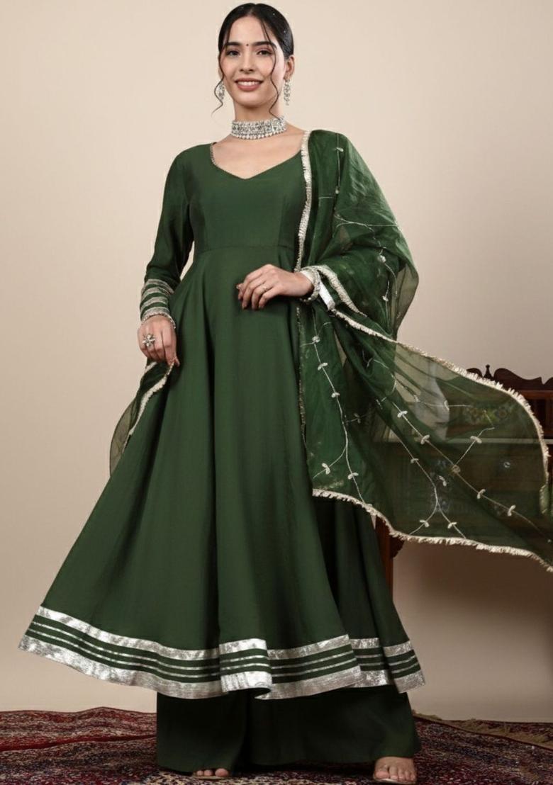 Green Solid Silk Blend Anarkli Sets - Indya