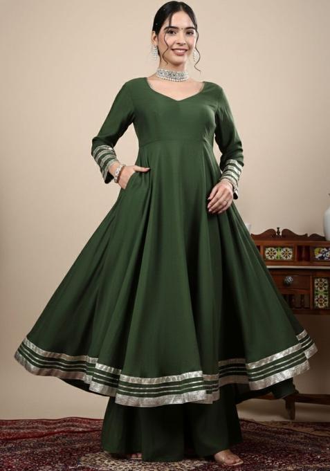 Green Solid Silk Anarkli Sets