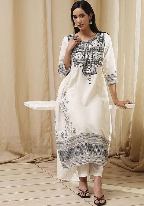 White Embroidered Cotton Kurta Sets