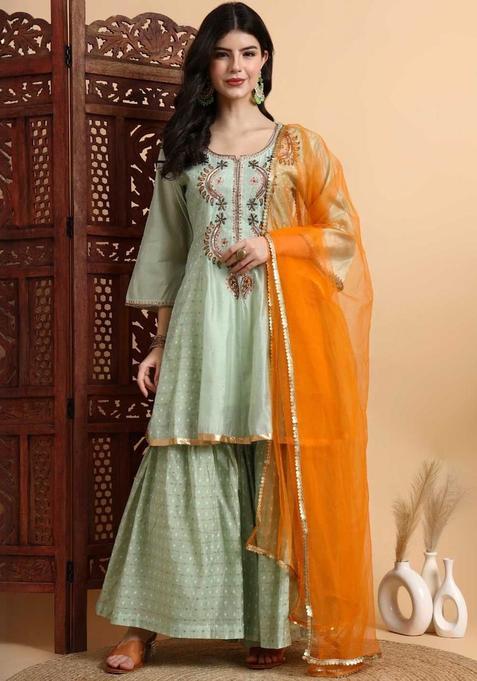 Green Embroidered Silk Kurta Sets