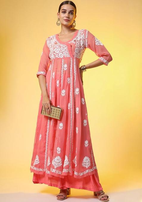 Peach Embroidered Georgette Kurta Sets