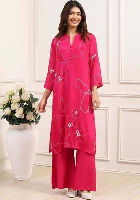 Pink Embroidered Viscose Kurta Sets