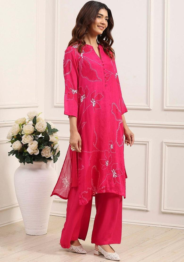Pink Embroidered Viscose Kurta Sets - Indya