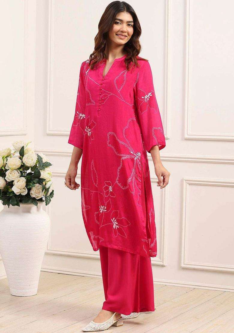 Pink Embroidered Viscose Kurta Sets - Indya