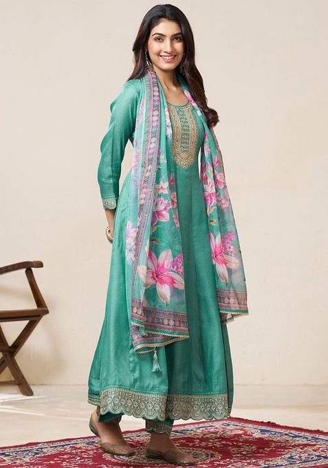 Blue Embroidered Silk Kurta Sets