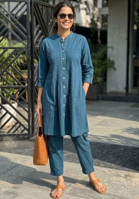 Teal Solid Cotton Kurta Sets
