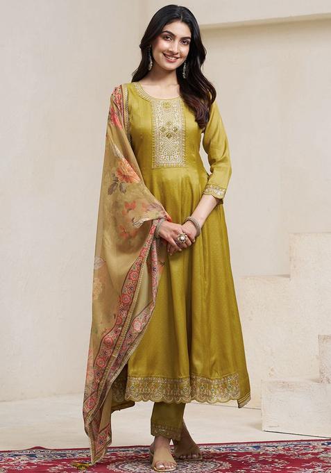 Mustard Yoke Design Silk Kurta Sets