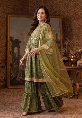 Champagne Printed Polyester Kurta Sets