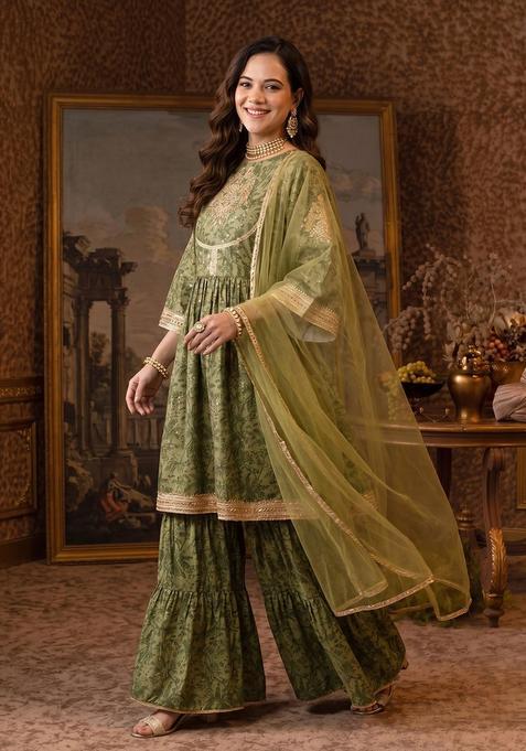Champagne Printed Polyester Kurta Sets