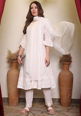 White Self Design Cotton Kurta Sets