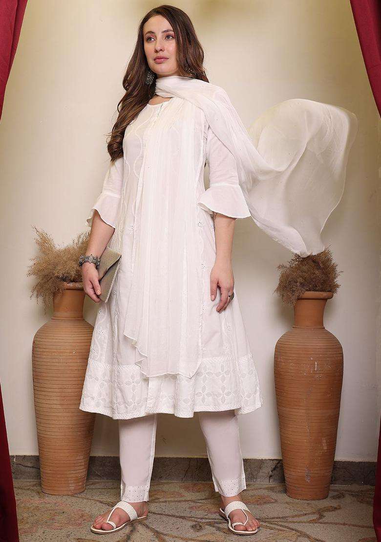White Self Design Cotton Kurta Sets - Indya
