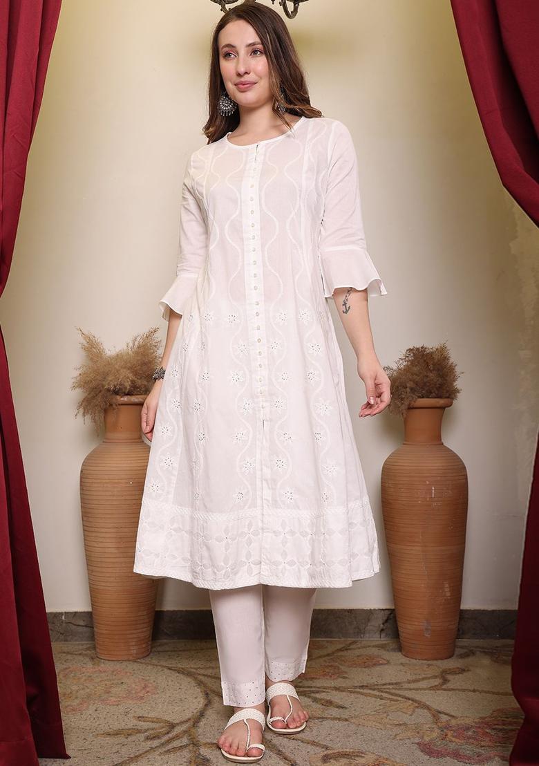 White Self Design Cotton Kurta Sets - Indya